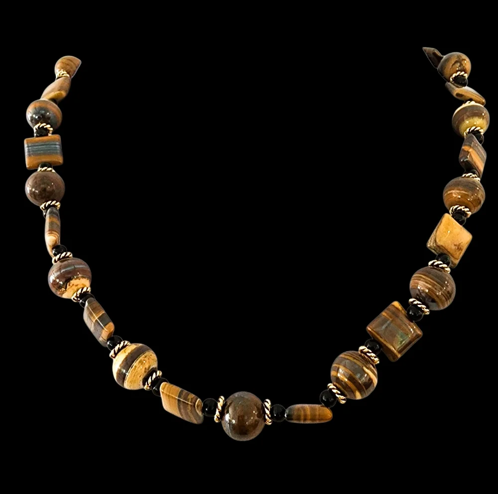 Cat's eye gemstones necklace 14k GP CZ flower clasp gold tigers eye L509 -Q5